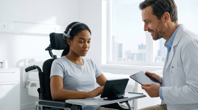 African American woman in wheelchair using neural interface headset with help of doctor. Neuroprosthetics rehabilitation therapy for paralyzed patient. Innovative brain computer technology.