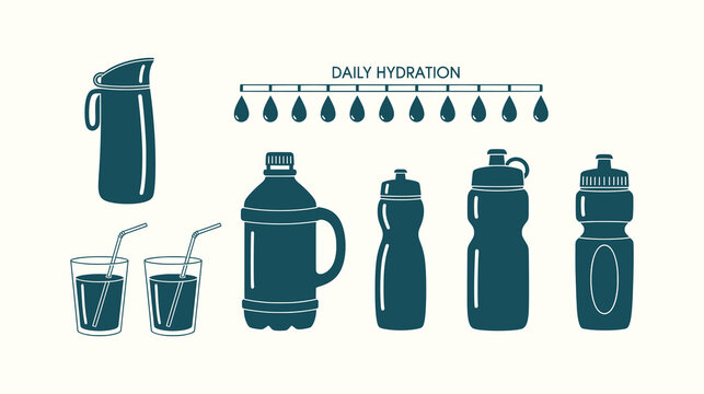 Collection of various reusable water bottles and glasses with daily hydration intake tracker icons