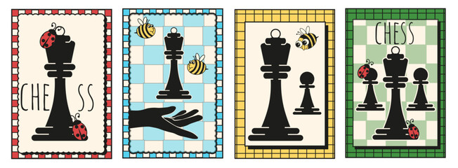 Funny Summer posters set. Vector Chess pieces on trendy amalfi Mediterranean background with Summer ladybug and bees. Fun interior room poster collection. EPS 10 © Svetlana