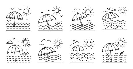 Obraz premium Weather icons showing sunny to rainy conditions - Set of simple weather icons illustrating sunny, cloudy, rainy, snowy, and stormy conditions in a clean vector style.