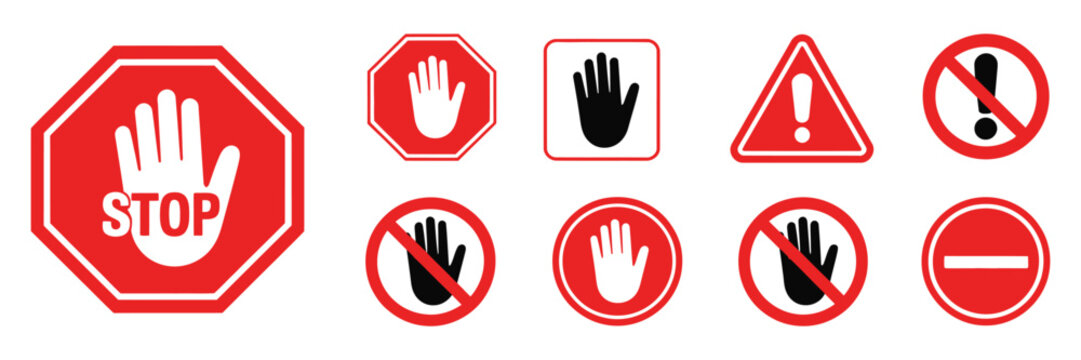 Red stop sign icons with hand symbol representing danger warning prohibition and traffic control vector design
