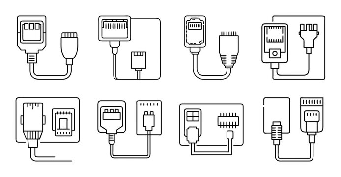Usb device types and connectors set illustration - Set of various USB connectors and devices in a clean, organized line-up for tech and digital illustrations.