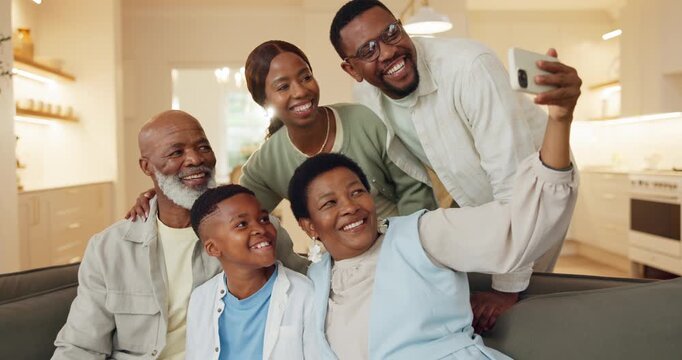 Happy, generations or black family in house with selfie, picture or bonding post on weekend break. Grandparents, parents or child with support, loving connection or memory capture for social media.