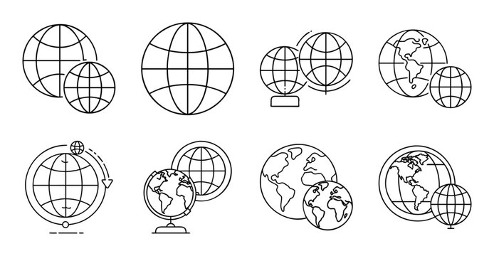Globe illustrations showing different map projections - Set of diverse globe and map projection styles in clean black and white vector icons.