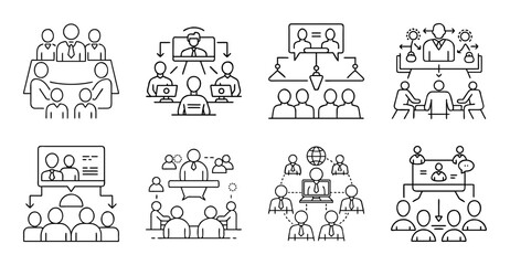 Obraz premium Flat icons of people working and collaborating in office - Colorful set of flat icons depicting teamwork, presentations, and office activities with diverse characters.
