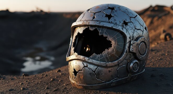 Cracked and Dented Astronaut Helmet with Shattered Visor