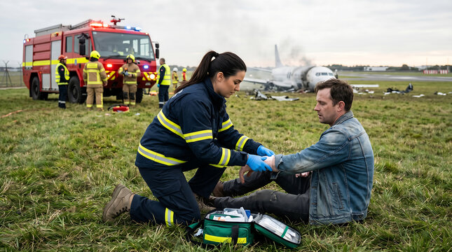 Paramedic Treating Injured Survivor on Grass Field Near Airplane Crash Site with Firefighters