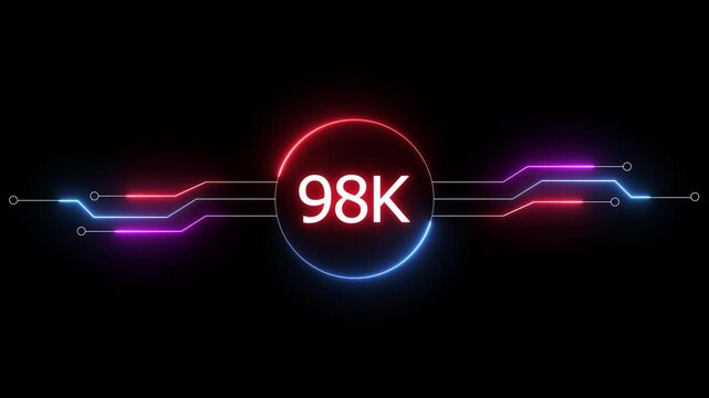 Neon social media followers or subscribers. Neon 98K celebration text animation background. on a black background. and creating a stunning 4k video.