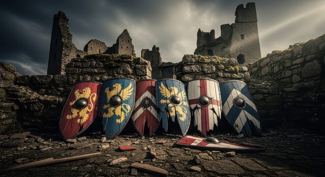 Medieval Shields in Castle Ruins Battlefield