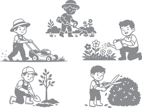 Cute cartoon vector illustration of children characters happily performing various gardening, lawn care, and landscaping activities.