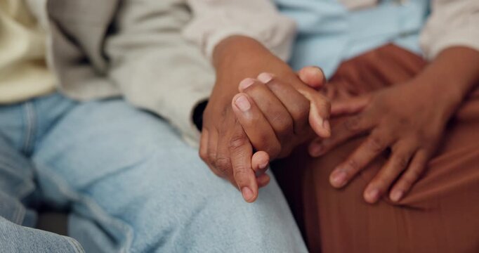Couple, holding hands and bonding with partner, loyalty and commitment for relationship and support. People, connection and comfort for spouse with gesture, love and trust in marriage and assurance