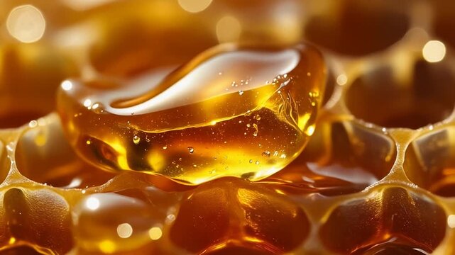 Macro Shot of Fresh Golden Honey on Organic Honeycomb