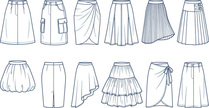 Fashion technical sketch outline of women skirt collection vector flat template featuring various apparel garment silhouettes.