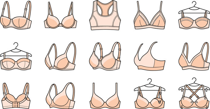 Fashion technical flat sketch outline of women bra and lingerie collection vector template featuring underwear garment silhouettes.