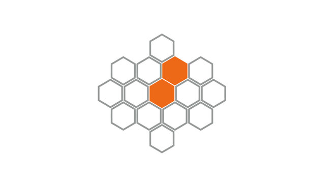 Hexagonal honeycomb grid with orange geometric accents.