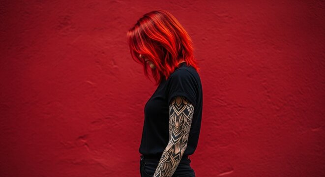 Vibrant red-haired woman with full arm tattoo posing against a textured red wall