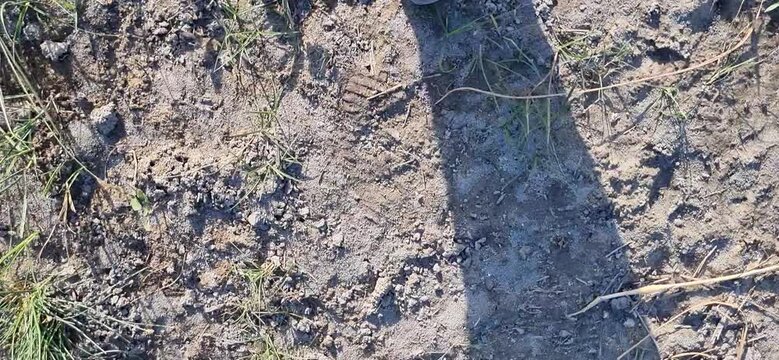 POV video of a man walking on the dry desert ground, lower section view