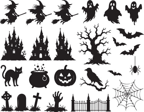 Set of black halloween silhouettes with ghosts witches bats and haunted castle