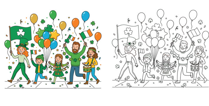 Happy family celebrating St. Patrick's Day parade. Colorful cartoon illustration and black and white outline coloring page with balloons, Irish flags, and shamrocks.