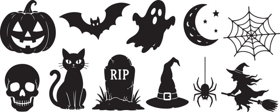 Set of black halloween icons with pumpkin bat ghost cat and witch silhouettes