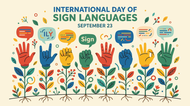 International day of sign languages illustration with colorful hands forming signs as flowers on a light background