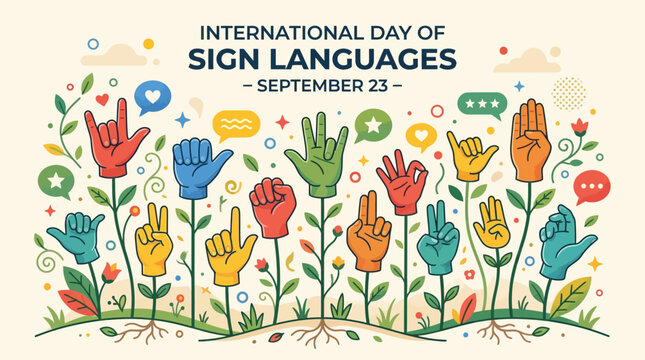 International day of sign languages illustration with colorful hands making signs and plant stems, september 23 concept poster design
