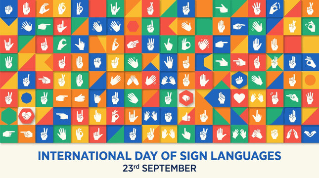 International day of sign languages background with colorful tiles featuring various hand gestures and sign language symbols