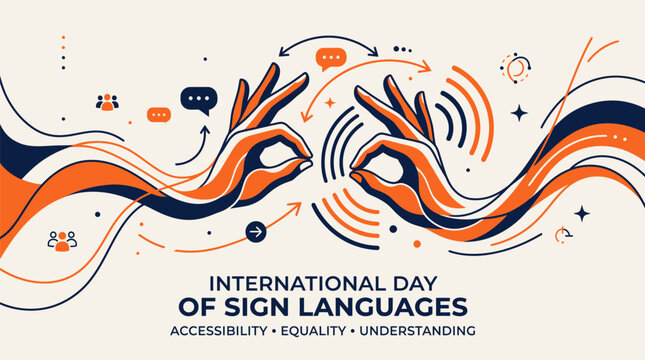 International day of sign languages illustration with hands making gestures, communication concept, inclusive design, accessibility and equality theme