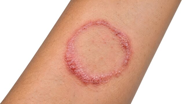 Tinea corporis (ringworm) on human skin, showing a characteristic annular fungal lesion with raised scaly border, central clearing, and inflammatory changes.