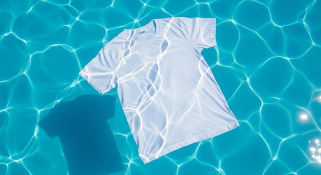 White t-shirt floating on surface of clear blue swimming pool water with light reflections