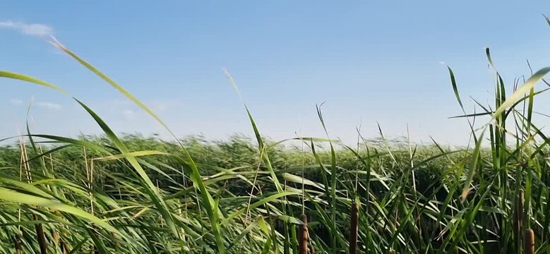 Green Cattails Swaying in the Wind Against Blue Sky