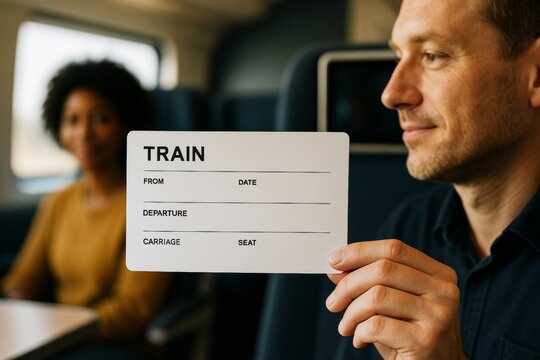 Man holding blank train ticket in modern train interior with woman in background, showing travel concept and space for copy or design template. Ai generative