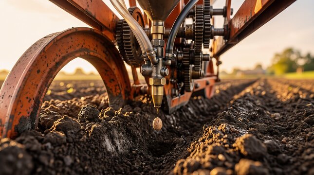 Industrial planter machinery sowing single walnut seed in dark soil furrow in field at sunset with metallic mechanical parts visible during precise agriculture planting process in nature.