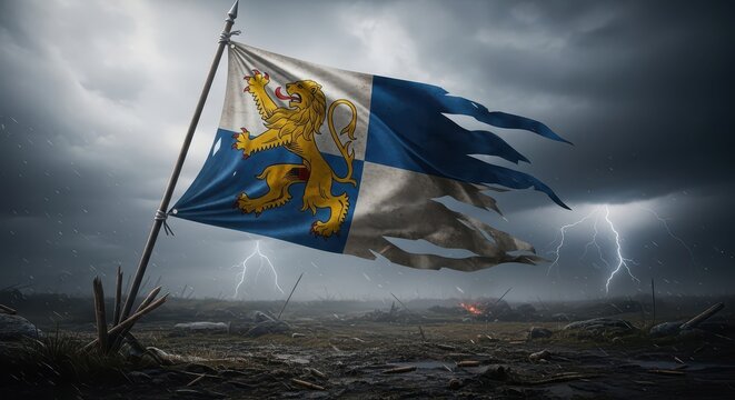 Tattered Heraldic Lion Flag Waving in a Stormy Battlefield
