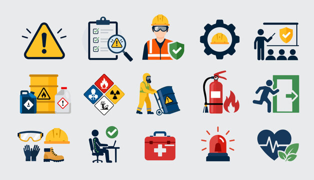 Workplace safety and occupational health icon set with PPE fire safety hazard warning first aid and emergency response vector illustration