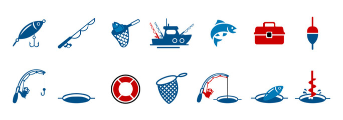 Fishing and angling icon set with fishing rod lure fish boat tackle box float and sport fishing equipment vector illustration © Rick Cranches