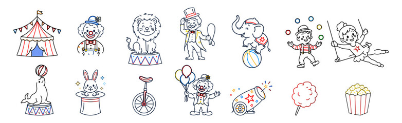 Circus and carnival performer outline icon set with clown acrobat magician unicycle juggler and entertainment vector illustration © Rick Cranches