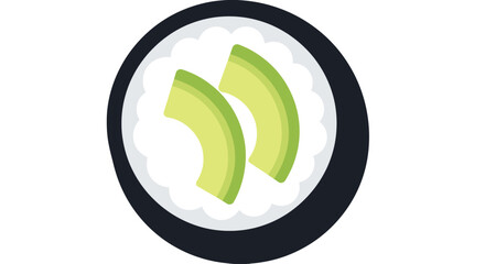 A round sushi roll with white rice and two green avocado slices inside © Ahmad