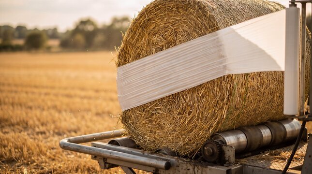 Mechanical bale wrapper sealing hay bale with white plastic film in harvested field agriculture machinery equipment agricultural production cylindrical countryside