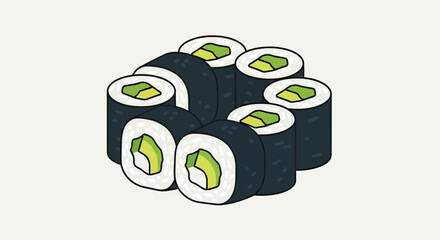 A cluster of eight dark seaweed and avocado sushi rolls arranged in a circular pattern © Ahmad