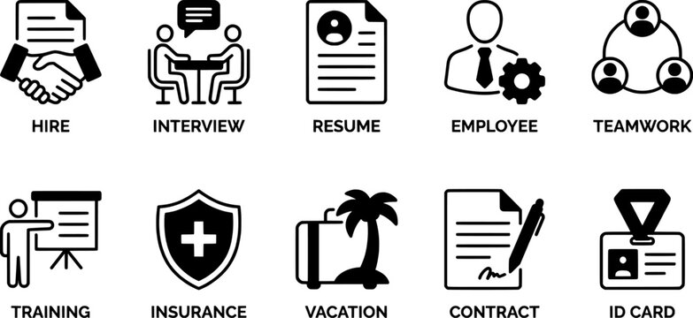 Human Resources and Employee Management Icons Set with Recruitment, Interview, Resume, Teamwork, Training, Insurance, Contract and Identification Symbols