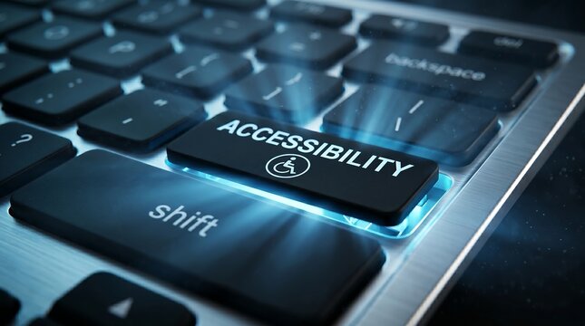 Accessibility Key With Wheelchair Icon Illuminated by Blue Light on Modern Keyboard Representing Inclusive Technology Equal Access and Digital Accessibility Solutions