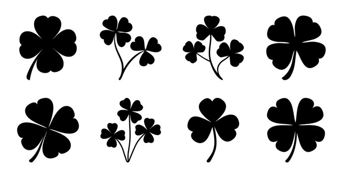 Black four leaf clover icons set - Six stylish black four leaf clover icons arranged neatly for vector use in designs or illustrations.