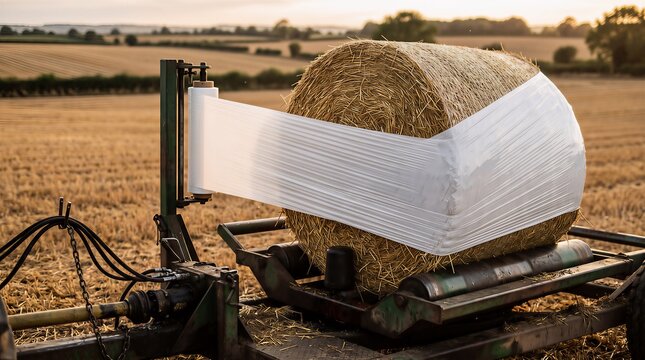 Round hay bale being wrapped in protective plastic film by farm machine in harvested field during golden hour sunlight agricultural equipment for winter forage storage and preservation.