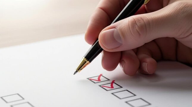 Hand holding black pen filling out blank form with red checkboxes on white paper in natural light.