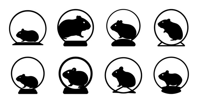 Silhouette rabbits sitting and standing in circles - Four stylized silhouette rabbits in circular frames, some sitting and some standing, arranged in a grid for a clean and modern design.