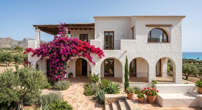 Luxury coastal estate exterior with arched doorways and beautiful summer garden under clear blue sky
(맑은 푸른 하늘 아래 아치형 문과 아름다운 여름 정원이 있는 럭셔리 해안 저택 외관)