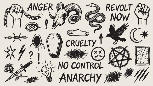 Rebellious punk inspired illustrations with anarchist symbols and bold text on beige background
