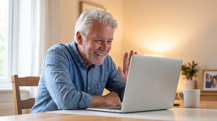 Fototapeta premium Happy senior man waving during a video call on his laptop at home.