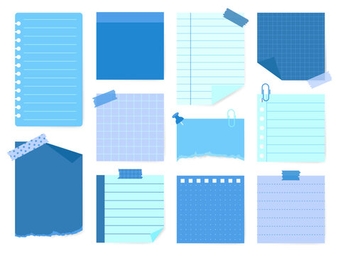 Blue and navy notepaper set with assorted memo paper shapes, including clips, and tape. Ideal for planner designs, scrapbook layouts, stationery branding, study notes, and social media content.